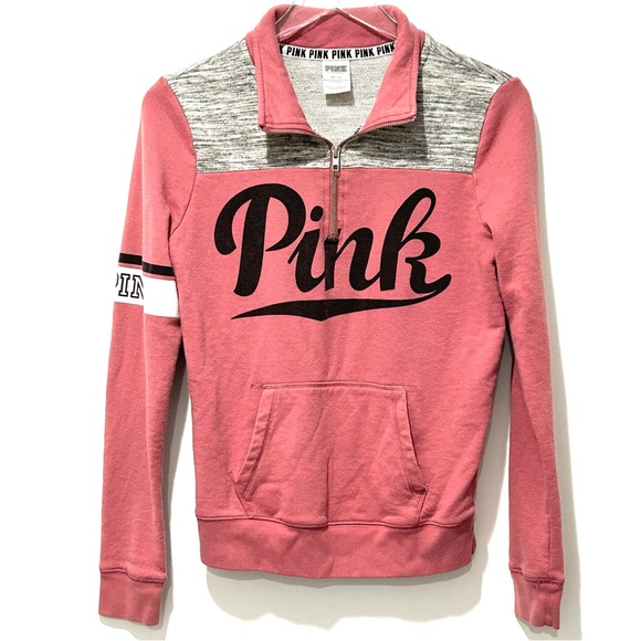 PINK Victoria’s Secret Dusty Pink Grey Heather 3/4 Zip Long Sleeve Sweat Shirt - Picture 1 of 5